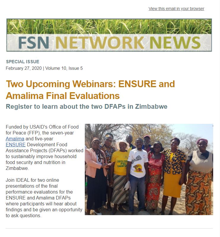 Join #IDEAL and <a href="/USAIDFFP/">USAID/Food for Peace</a> for two webinars focused on the final evaluations for the ENSURE and Amalima DFAPs in #Zimbabwe. Click to register today ➡️ ow.ly/v4Tf50yxu2t