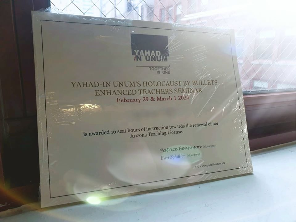 yahadinunum's tweet photo. The Yahad certificates to be given to the teachers in Arizona participating in our 16-hour #Holocaust by Bullets teacher's seminar this coming weekend are ready! A step towards the renewal of their Arizona teaching licence.
#LearnTeachApply #BeyondMemory https://t.co/NiQkyJ1Ls9