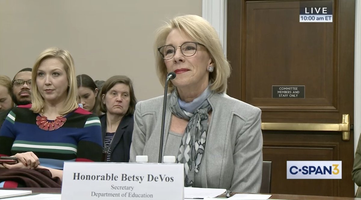 Secretary of Education Betsy DeVos sits inside the Appropriations Committee hearing room and will soon testify on the president’s budget proposal for the Department of Education.