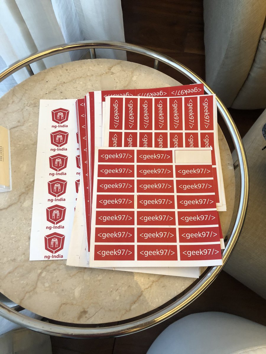 nomadcoderai's tweet photo. Hey #ngIndia2020 attendees here here is your #geek97 and #ngIndia laptop stickers .. are you excited to get them and proudly put on your laptop .. #Angular #JavaScript #angularIndia
See you on 29 feb and conference hotel area is perfectly final and peaceful .. come over โฅ๏ธ๐ https://t.co/6GMzOoszIV