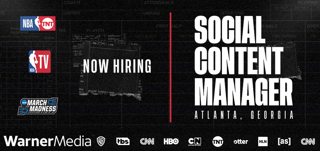 AshleyMRecruits's tweet photo. Our award-winning Turner Sports Social Team is looking for their next manager to lead a social media #programming &amp; #design team managing properties like @NBAonTNT, @NBATV, @MarchMadness, etc. APPLY HERE: https://t.co/ueF1MI4ugG  #nba #sportsjobs #basketball #socialmediajobs https://t.co/DWwOKLzwzg