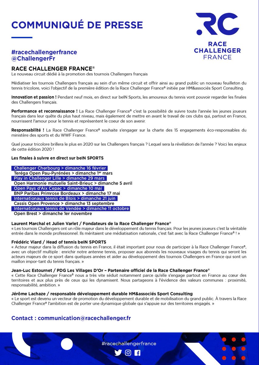 Voici le communiqué de presse officiel de la #RaceChallengerFrance 🥎🇫🇷

Retrouvez les mots de <a href="/MarchalLaurent8/">Marchal Laurent</a> <a href="/JulienVarlet1/">Julien Varlet</a> <a href="/fredericviard/">frederic viard</a> Jean-Luc Estournet et <a href="/jeromelachaze/">Jerome Lachaze</a> 💭

N'oubliez pas la finale du <a href="/TeregaOpen/">Teréga Open Pau-Pyrénées</a>  dimanche 1er Mars 2020 sur <a href="/beinsports_FR/">beIN SPORTS</a> 📺