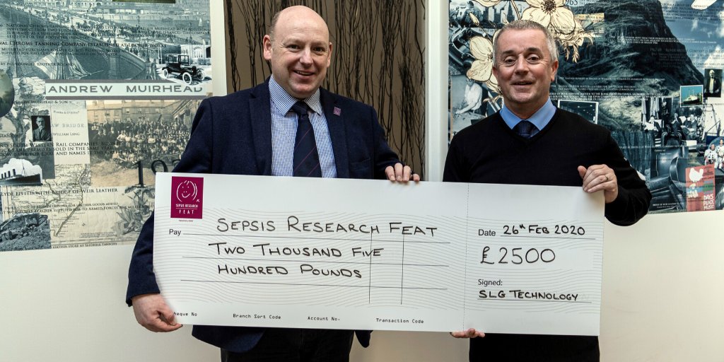 stopsepsisnow's tweet photo. A huge thank you to SLG Technology @leatherscottish for their donation of £2500. Vincent Morris, IT Director, presented Colin Graham with the cheque yesterday and said he was delighted to support Sepsis Research FEAT with some funding.#stopsepsisnow https://t.co/YTDI0uCT40