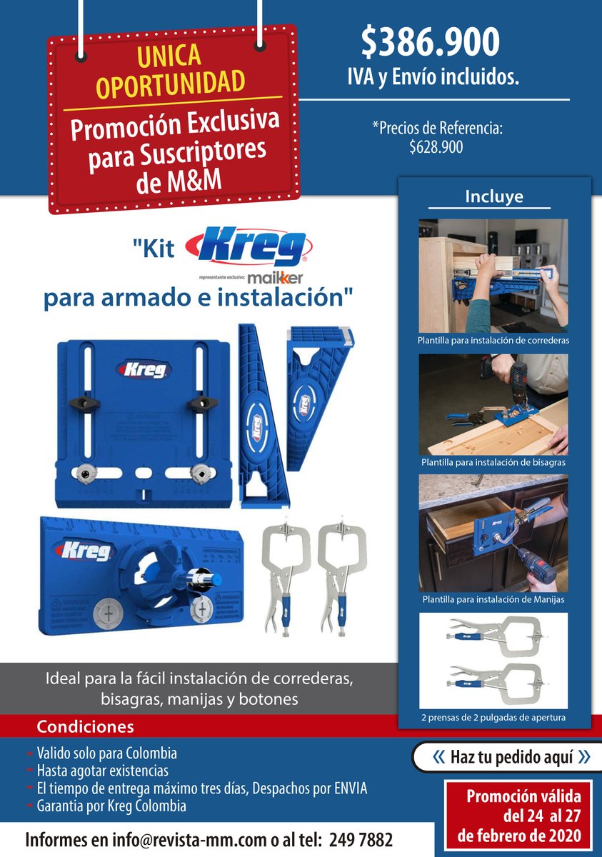 RevistaMMcol's tweet photo. ¡Ultimo día! ¿ya eres suscriptor? no dejes pasar esta Súper Promoción exclusiva para suscriptores de la revista M&amp;M. Kit de instalación marca Kreg, visita https://t.co/S0evdmWHaG https://t.co/VauYwRn5Wm