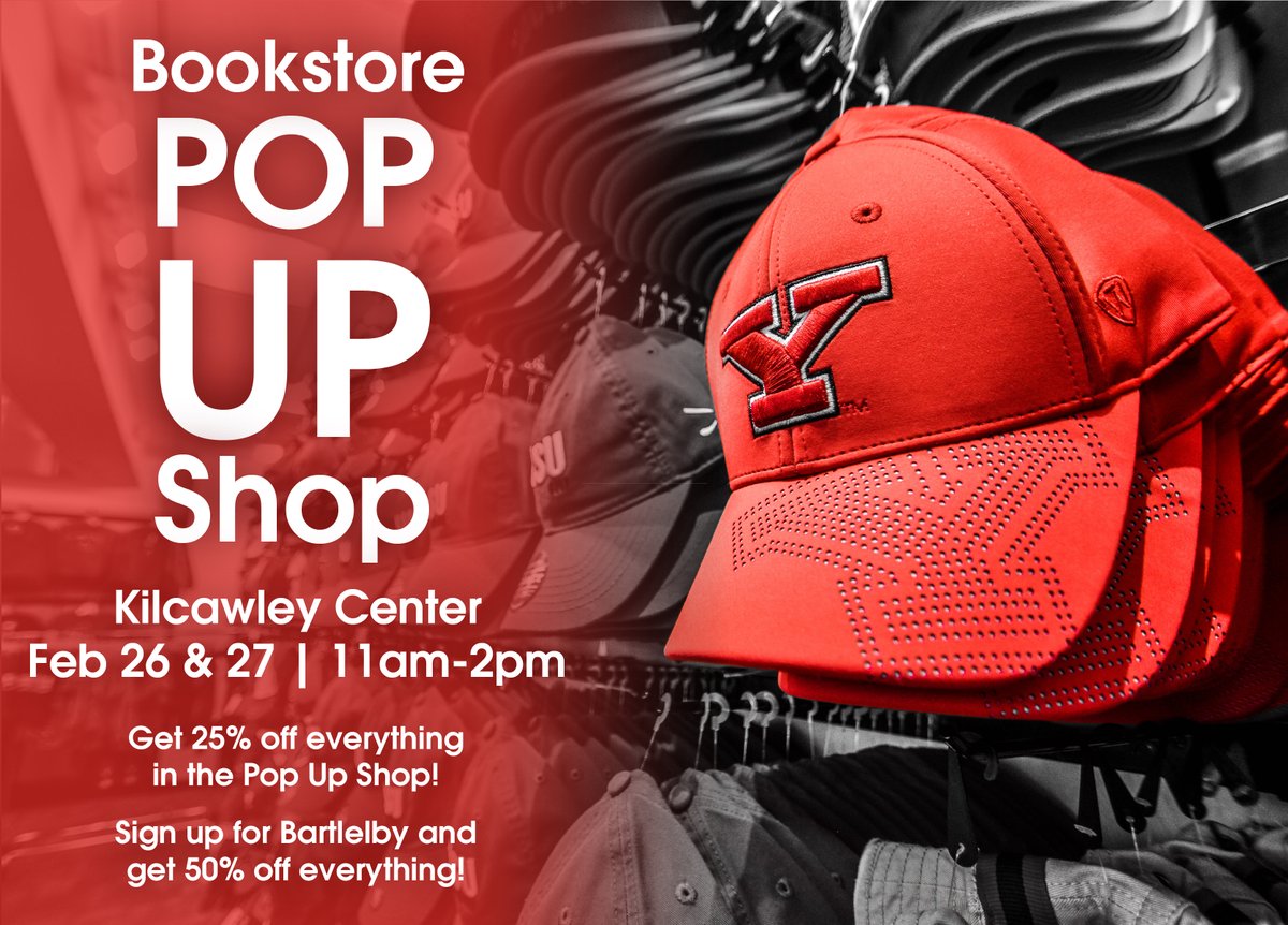 The <a href="/YSUBookstore/">YSU Bookstore 🐧</a> pop up shop is back in Kilcawley today from 11 am - 2 pm! 25% off everything in the shop. Be sure to grab something so you're ready for #YDayFriday tomorrow 🤗🐧