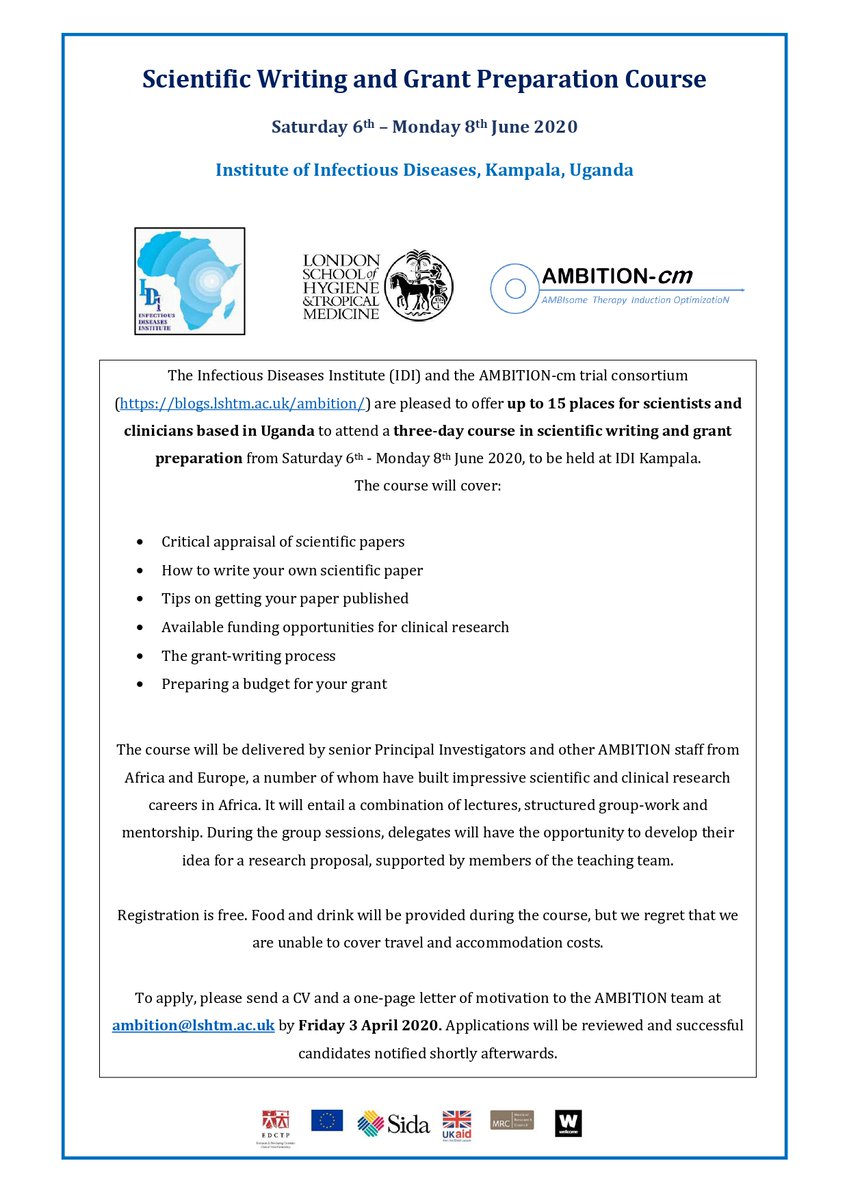 Are you a scientist or clinician based in Uganda? 15 places available for a scientific writing &amp; grant preparation course from 6 -8 July 2020!