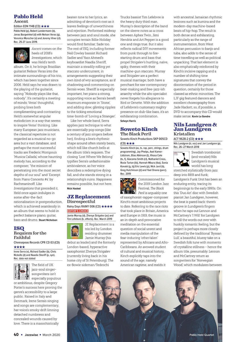 Good news. Editor's choice, 4 stars review at Jazzwise's March issue. March tour schedule here: bandsintown.com/en/a/15467507-… <a href="/vortexjazz/">Vortex Jazz Club</a> <a href="/LondonJazz/">UK Jazz News</a> <a href="/LDNJazzMeetup/">London Jazz Meetup</a> <a href="/Jazzwise/">Jazzwise</a> <a href="/timlefebvre/">Энергичный Администратор</a> <a href="/JazzliveSE5/">Jazzlive at The Crypt</a>
