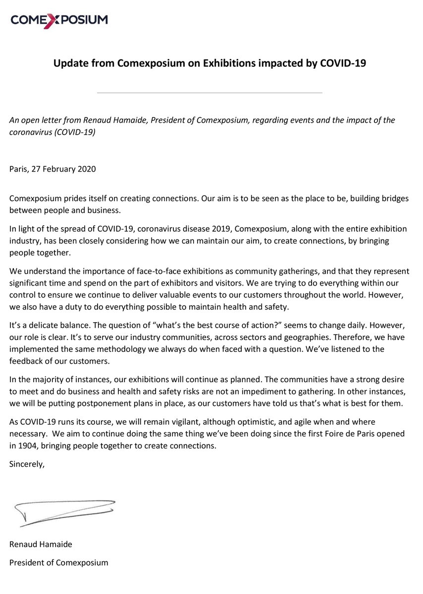 An open letter from Renaud Hamaide, President of Comexposium, regarding events and the impact of the coronavirus (COVID-19) bit.ly/32xUbzM