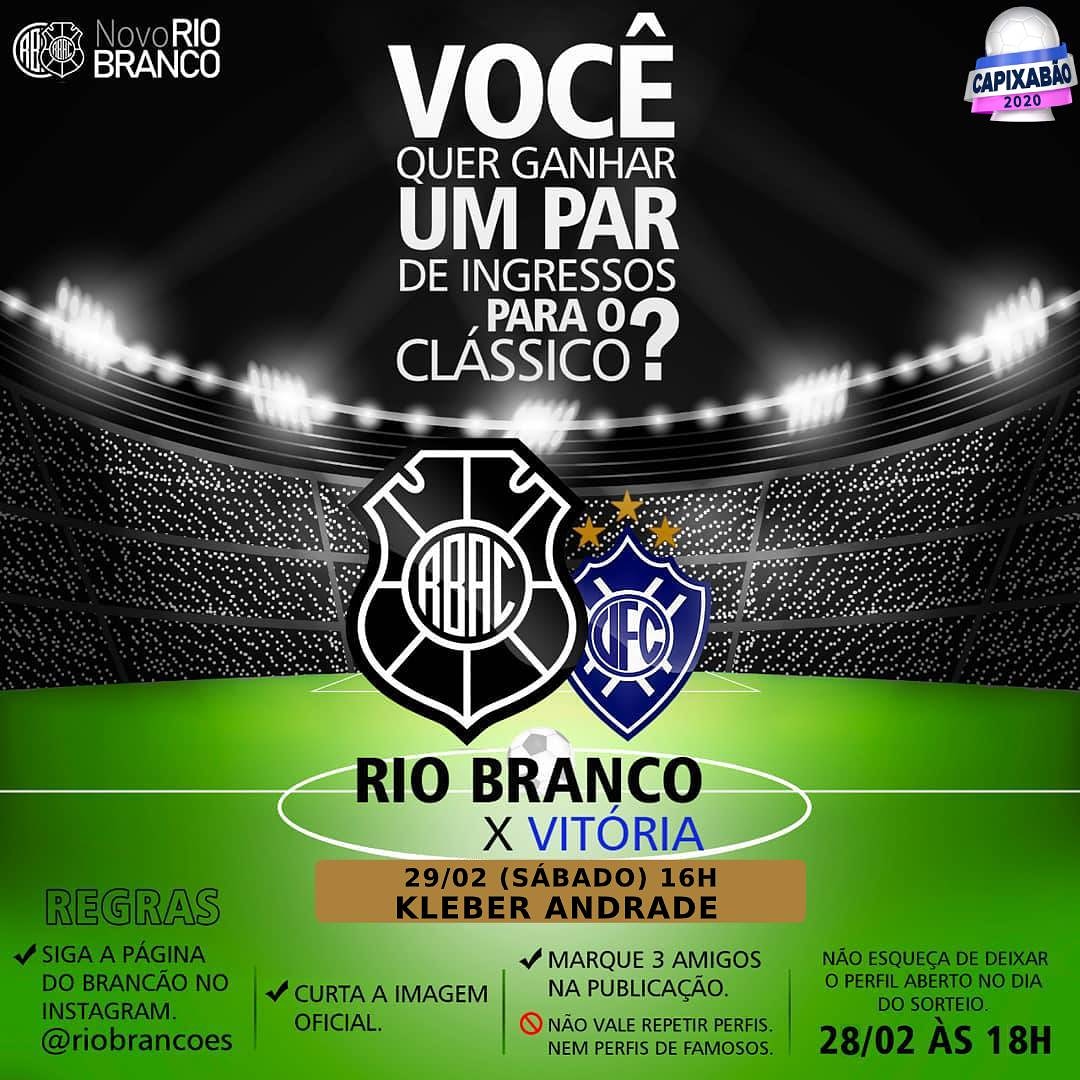 riobrancoes's tweet photo. Quer ganhar um par de ingressos para o clássico Rio Branco x Vitória? Corre lá no nosso Instagram (@riobrancoes). É só seguir as regras e cruzar os dedos!
#RBAC #Clássico #RioBrancoES #Capixabão2020 #Sorteio #ViRio https://t.co/sQazqzYfMh
