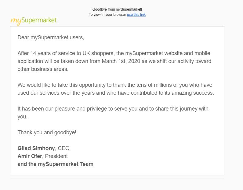 Goodbye from mySupermarket #ThankYou #EndOfAnEra