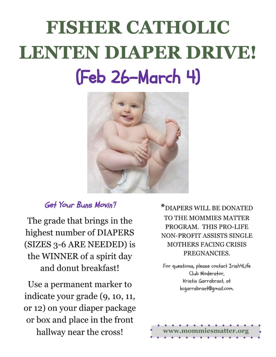 fishercatholic's tweet photo. Please support the "Diaper Drive"!  This is a great way to kick off Lent by helping others in need.  GO IRISH! https://t.co/uNN5EvEI1D