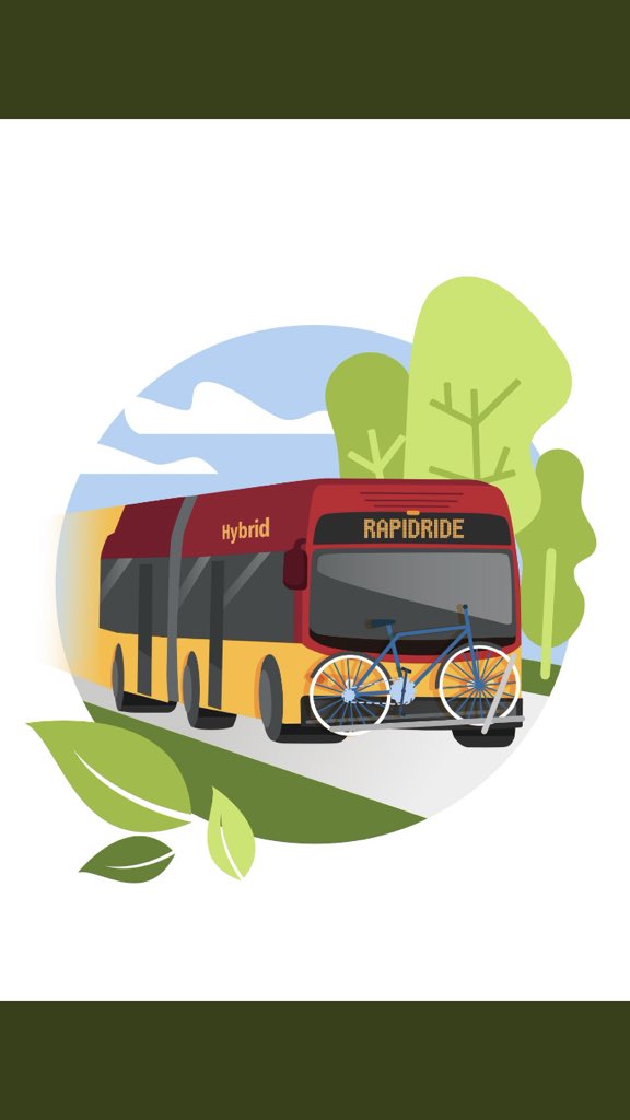 Drawing of a happy RapidRide bus surrounded by green trees