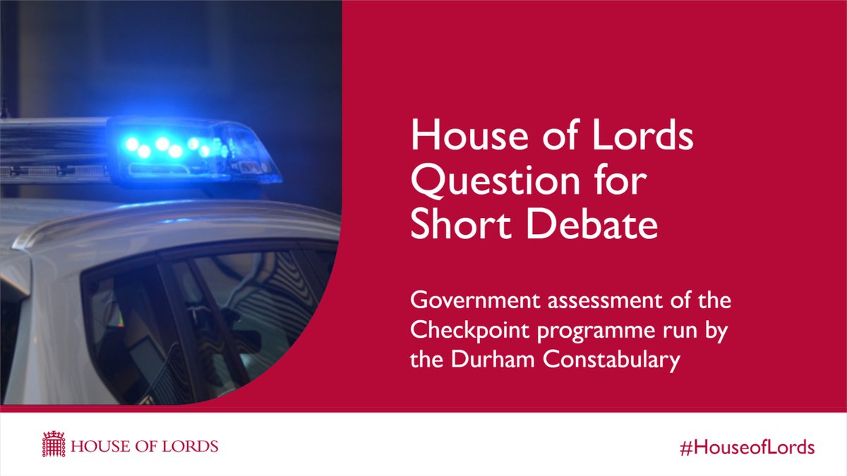Watch live/Coming up: custodial sentences and reoffending rates under spotlight as #HouseofLords debates Durham Constabulary <a href="/checkpoint999/">Checkpoint & Offender Management</a> programme ow.ly/o8OD30qleoP