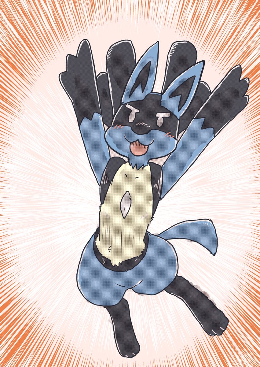 lucario solo pokemon (creature) blue fur furry arms up yellow fur tongue  illustration images