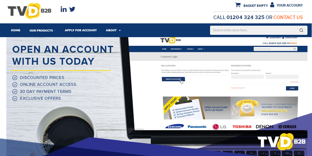 💻 NEW WEBSITE LIVE 💻

We have a range of #TVs, #audio and more available online now, and we'll be adding further ranges, including white goods, #CommercialTV, and small appliances in the coming weeks. 

Create online login 👉 tvdb2b.com