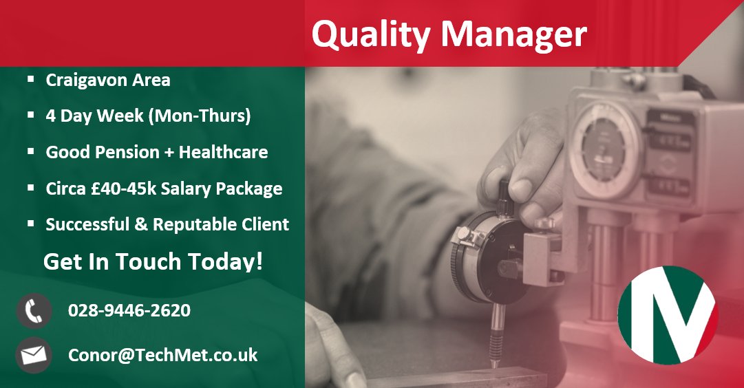 We are currently assisting a highly successful Client in the Craigavon area in the search for a new Quality Manager. They are offering a very attractive salary package &amp; great benefits.

Don't hesitate to get in touch on 028-9446-2620. 

#TechMet #NorthernIreland #QualityManager