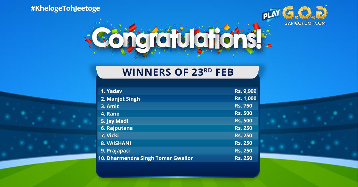 GameOfDot's tweet image. Inhone toh prizes jeet liye. 
Aapki baari kab ayegi?

#GameOfDot #KhelogeTohJeetoge #Cricket #cricketmerijaan #cricketfans #Contest #ContestWinners