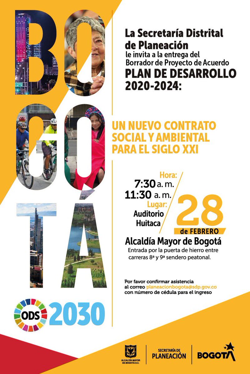 Invitados todos mañana 7:30am a la presentación de nuestra propuesta de Plan de Desarrollo 2020-2024: #UnNuevoContratoSocialVamos a honrar el voto de confianza con inclusión social, productiva, ambiental y política especialmente para jovenes/mujeres/mayores en #BogotáReverdece