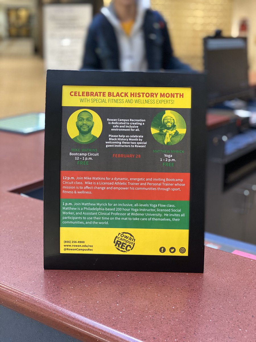 RowanCampusRec's tweet photo. Join us tomorrow to celebrate Black History Month with two special guest instructors! Mike Watkins will host Bootcamp Circuit ๐ช at Noon and Matthew Myrick will teach Yoga Flow ๐ง at 1 pm. Classes are free for everyone! #RowanRec https://t.co/o4VhYgK7v9