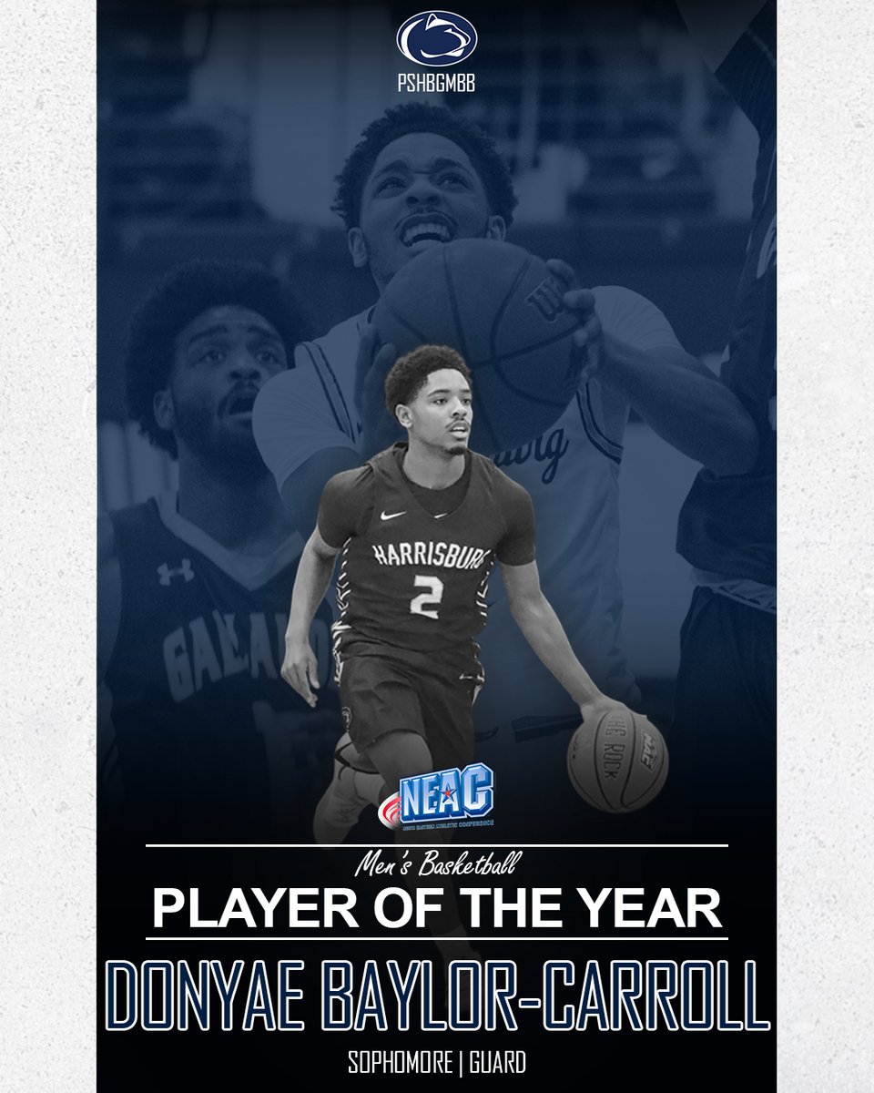PSHbgAthletics's tweet photo. It was a clean sweep of NEAC postseason awards for #pshbgmbb! 👏👍🙌

Congratulations to player of the year Donyae Baylor-Carroll, rookie of the year Nate Curry and coach of the year Don Friday! 

#NEAChoops

#pshbgmbb 🦁
#PrideSpiritHonor 🔵⚪ https://t.co/NgGuPClJHy