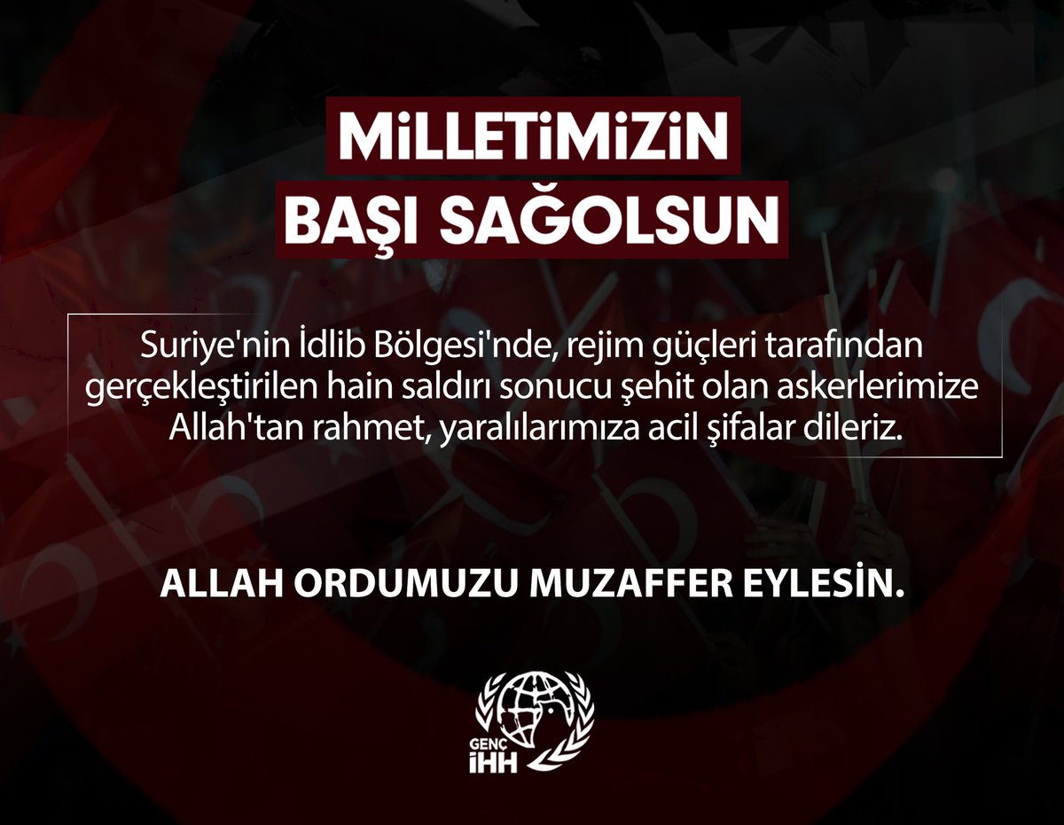 Milletimizin Başı Sağolsun

Suriye'nin İdlib Bölgesi'nde, rejim güçleri tarafından gerçekleştirilen hain saldırı sonucu şehit olan askerlerimize Allah'tan rahmet, yaralılarımıza acil şifalar dileriz.

#sehitlerimizvar