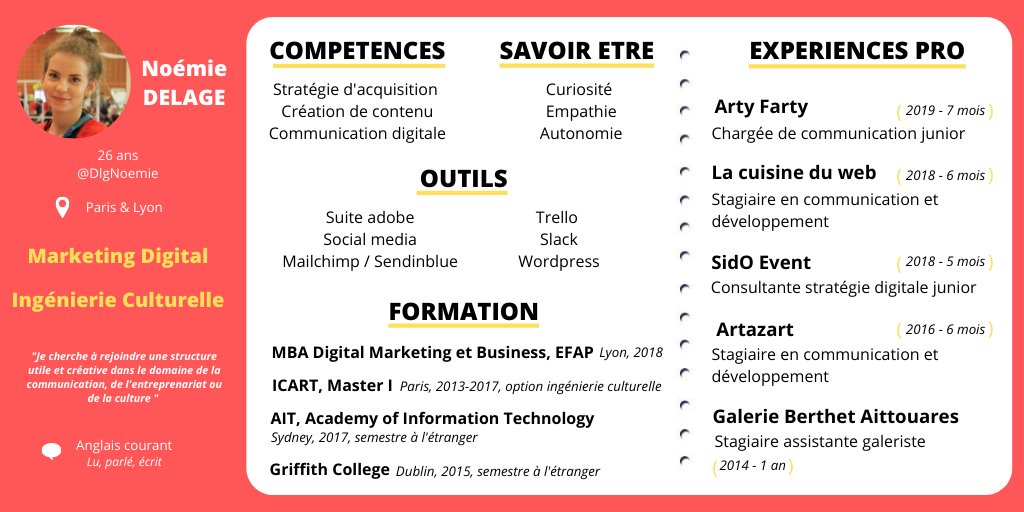 DlgNoemie's tweet photo. Hello Twitter 👋
👁️ Je cherche un poste #CDI #CDD ou freelance
🧭  Communication, Marketing Digital, Médiation Culturelle / Numérique
📎 Profil LinkedIn : https://t.co/XtUuSPiqee
📍 Paris ou Lyon
Merci ! #PleaseRT #i4EmploiR https://t.co/cQ4MY6ggxp