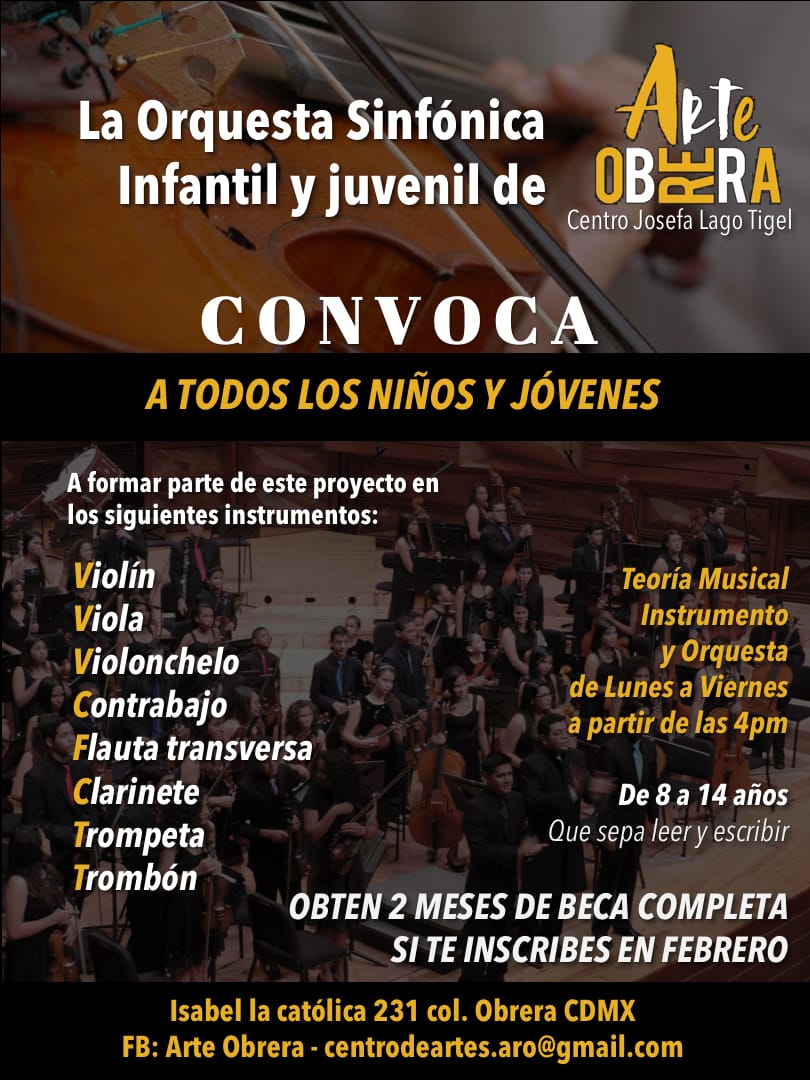 Los invitamos a formar parte del Centro Arte Obrera mediante esta convocatoria para integrar su Orquesta Sinfónica y Juvenil. Pueden escribir al correo centrodeartes.aro@gmail.com, y ver de cerca esta grandiosa experiencia de formar mejores ciudadanos a través de la música
