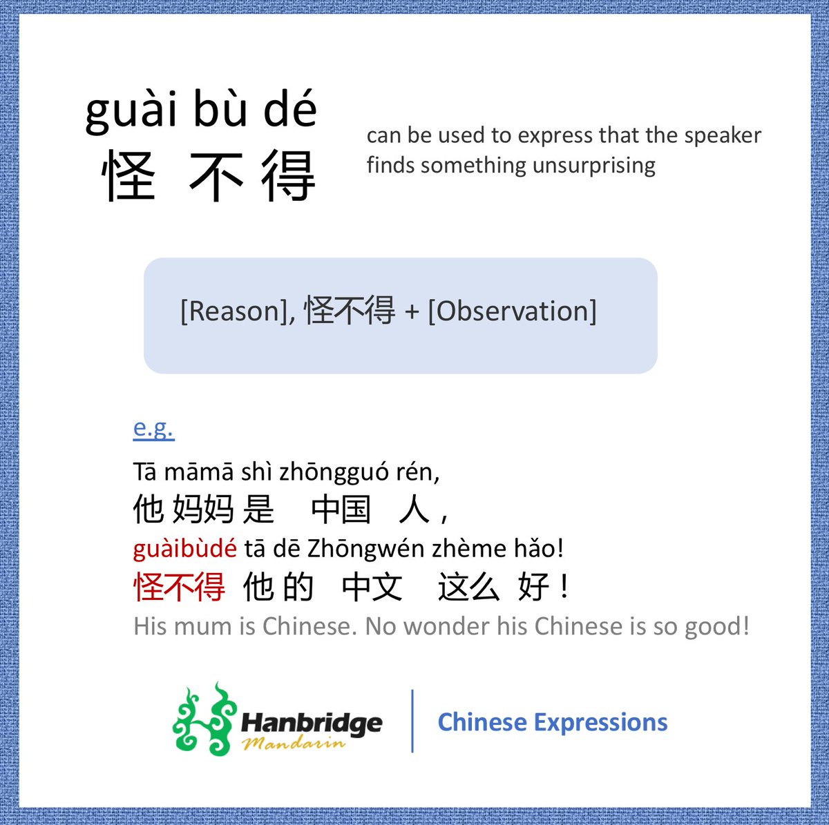 HanbridgeOnline's tweet photo. Nǚrén zài xiǎng shénme? 
女人 在 想 什么？ 
（What are women thinking?）
"Nǐ cāi bú dào!“ 
你 猜 不到！ (You can never guess!)
Guàibude! 
怪 不得！ (No wonder!)
怪不得 (guàibude) can be used to express that the speaker finds something unsurprising. 
#Chinese  #Mandarin https://t.co/SqqidQskFP