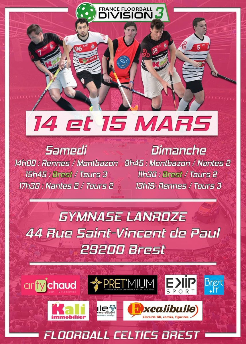 #Floorball RDV à #Brest les 14 et 15 mars prochains pour un weekend de compétition au Gymnase Lanroze.

Venez nombreux supporter les <a href="/CelticsBrest/">Brest Floorball</a> !

🎟️Entrée libre et restauration sur place #Bzh