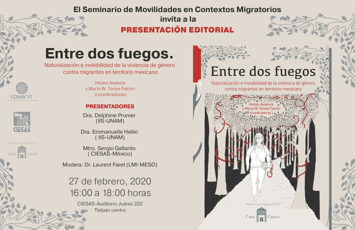 ciesas's tweet photo. ¡En una hora! ⏰
Te esperamos en #CIESAS222 para ser parte de la #PresentaciónEditorial de "Entre dos fuegos. Naturalización e invisibilidad de la violencia de género contra migrantes en el territorio mexicano". https://t.co/QySvJM3WBE