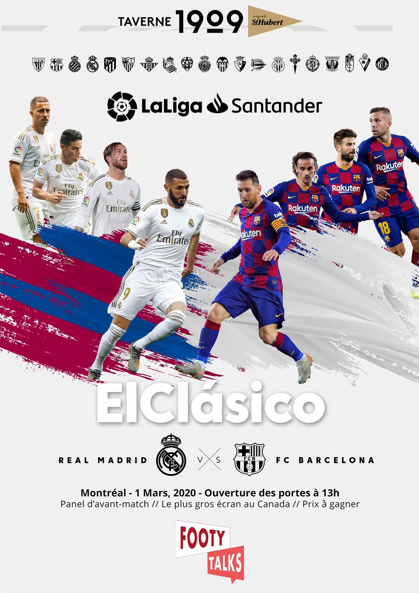 Ce dimanche à la Taverne 1909 signé St-Hubert, présentation officielle du El Clásico en partenariat avec LaLiga ! Panel média d’avant-match, prix à gagner, le tout projeté sur le plus gros écran au Canada. Soyez-y!