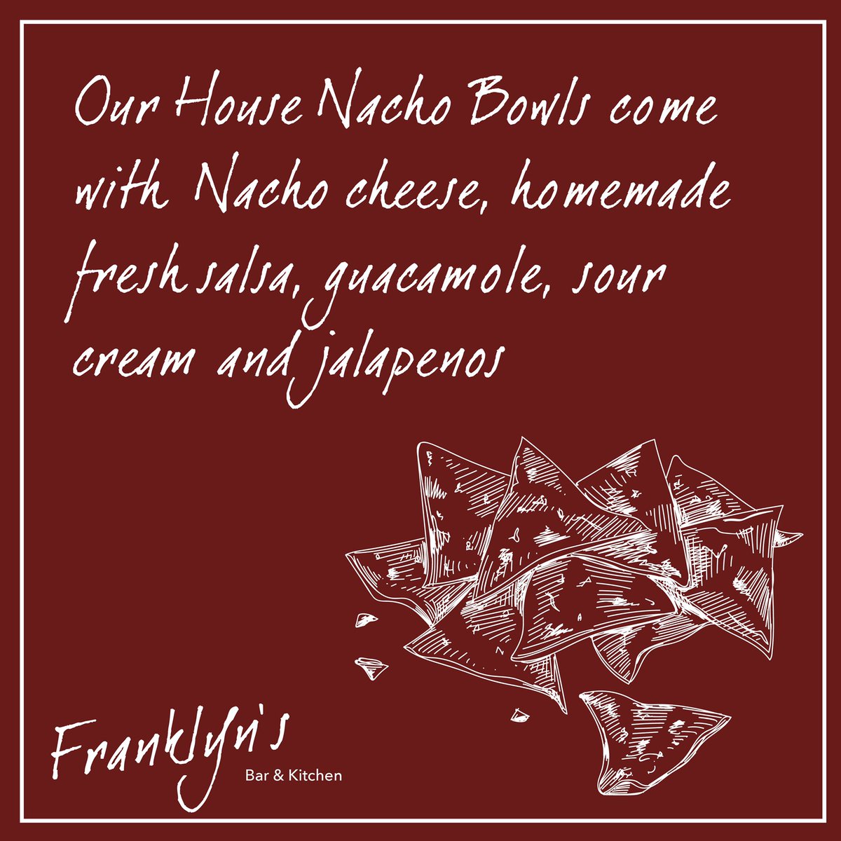 Mmmmm Nachos” Our House Nacho Bowls come with nacho cheese, homemade fresh salsa, guacamole, sour cream and jalapeños ⠀
.⠀
#franklyns #franklynsbar #cheese #salsa #fbk #nachos #sharing