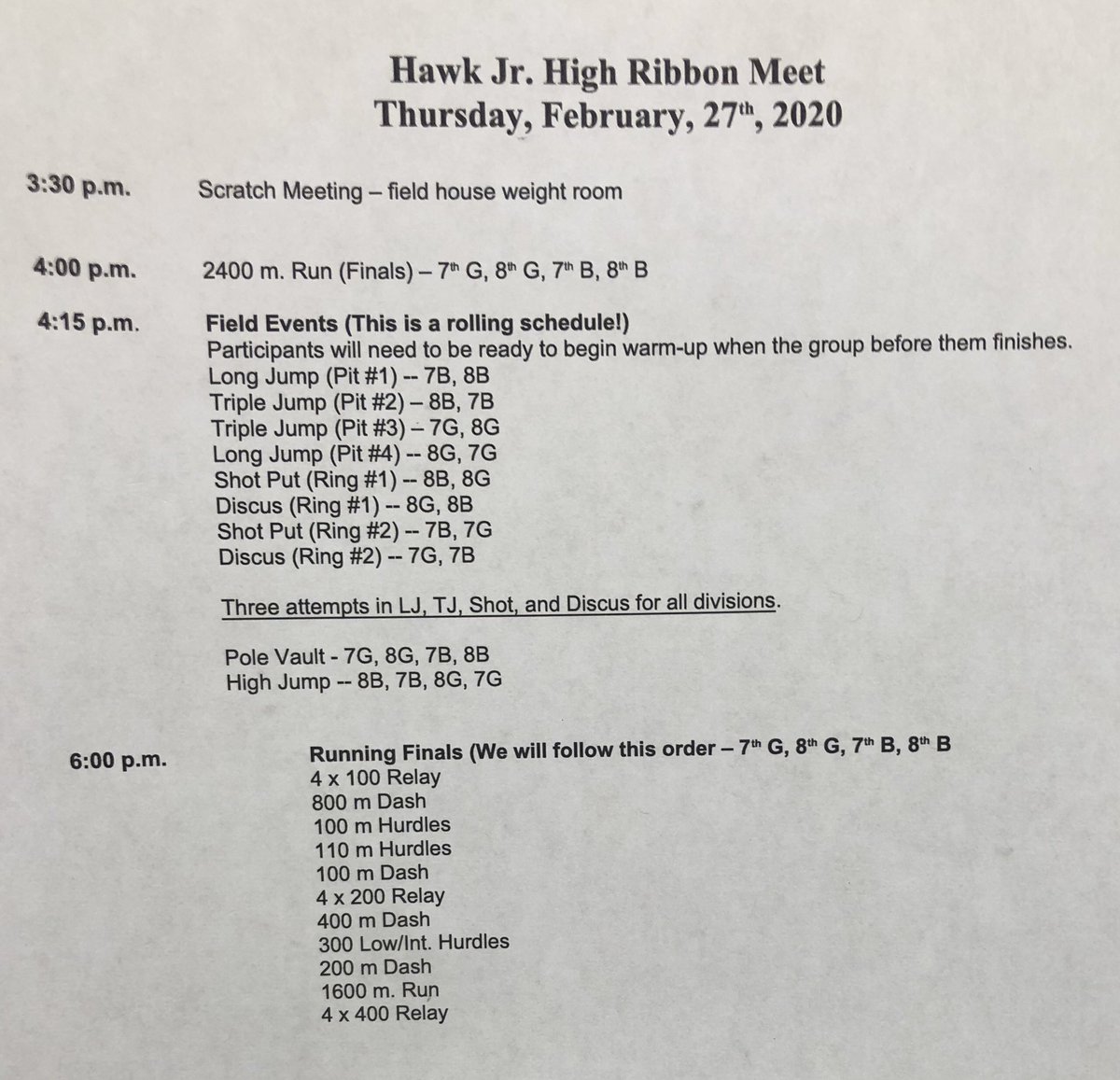 Order of events at Iowa Park Ribbon Meet today.