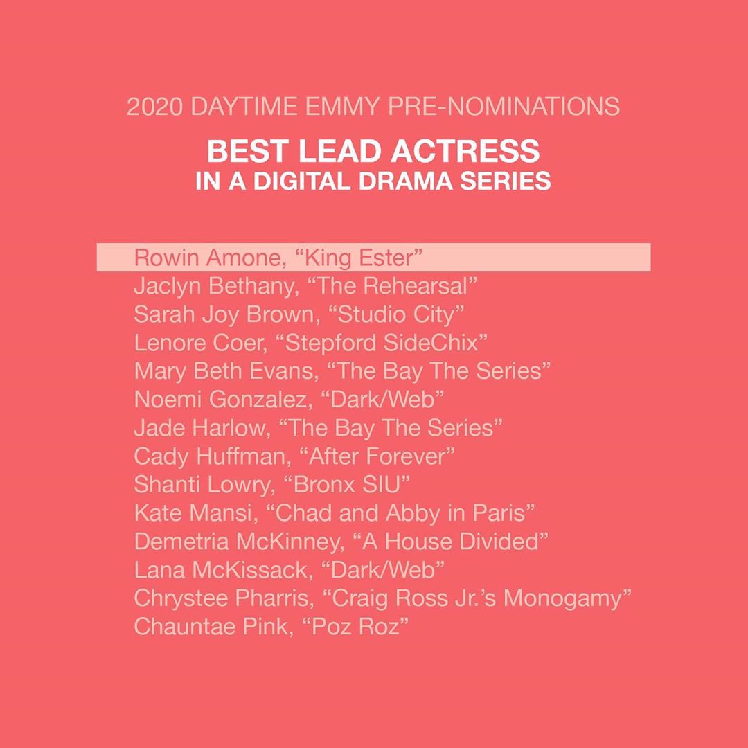 HOORAEMedia's tweet photo. .@RowinAmone of @KingEsterSeries is on the Daytime Emmy shortlist in the category of Best Lead Actress in a Digital Drama Series! Congratulations, Rowin & #KingEsterSeries! https://t.co/MG9NRhQxcn