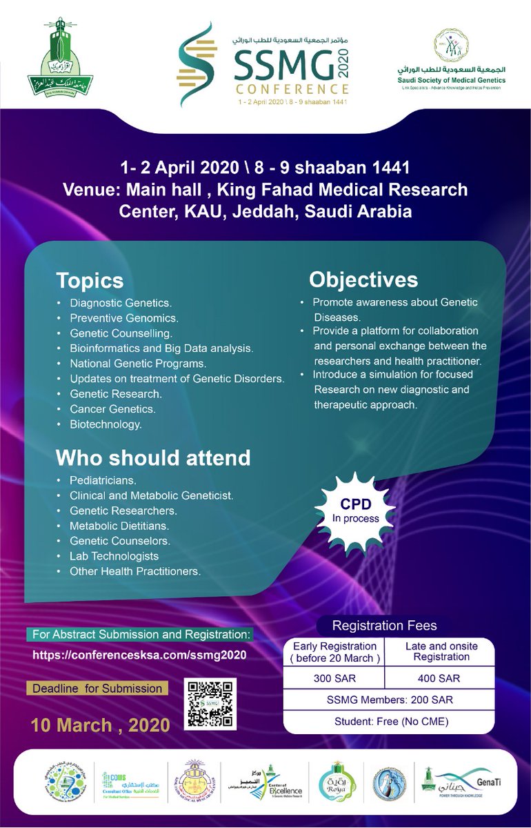 SSMG_genetic's tweet photo. #Call_for_abstract
لاعطاء فرصة تم تمديد فترة استقبال الملخصات العلمية الى ١٠ مارس
ونسعد بكم جميعا في
#SSMG2020 https://t.co/MPWUbfKz65