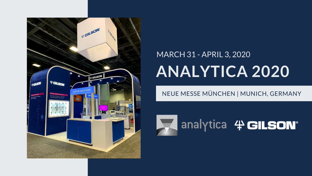 GilsonINC's tweet image. Analytica 2020 is just around the corner! Will we see you there? Join us at booth B1.425 to learn more about our liquid handling, purification, and extraction solutions. #Analytica2020 #biotech #labtech