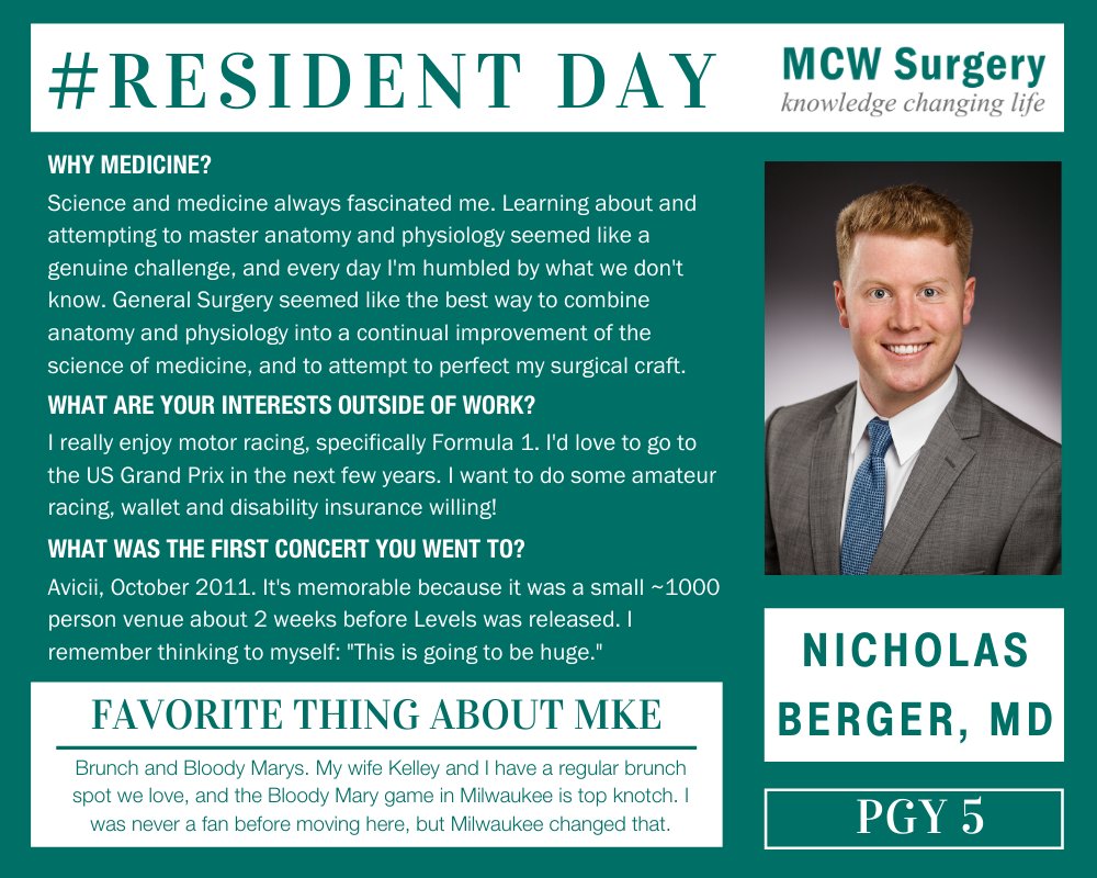 MCW Surgery (@mcwsurgery) on Twitter photo For #ResidentDay we're featuring Dr. Nick Berger. As a chief resident, Nick's time at MCW is almost over -- next he'll be heading to the <a href="/ClevelandClinic/">Cleveland Clinic</a> for #Colorectal Fellowship training. We've loved having you as a general surgery resident, Nick!
<a href="/MCWSurgeryRes/">MCW Surgery Residency</a>
<a href="/ngbergermd/">Nicholas G. Berger, MD</a> For #ResidentDay we're featuring Dr. Nick Berger. As a chief resident, Nick's time at MCW is almost over -- next he'll be heading to the <a href="/ClevelandClinic/">Cleveland Clinic</a> for #Colorectal Fellowship training. We've loved having you as a general surgery resident, Nick!
<a href="/MCWSurgeryRes/">MCW Surgery Residency</a>
<a href="/ngbergermd/">Nicholas G. Berger, MD</a>