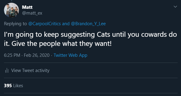 matt_ex's tweet photo. @CarpoolCritics @Brandon_Y_Lee We did it @CarpoolCritics! Best $8 I ever spent. That doesn't break the rules right? https://t.co/uSQvV3tYYn