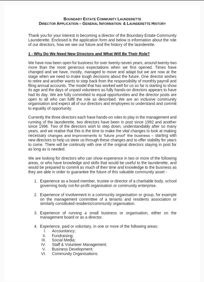 Don't let the title put you off - contrary to popular opinion you don't need loads of qualifications or loads of time to be director, especially with the Boundary Community Launderette. You just need to care about our community. Closing date tomorrow, Friday 28th February.