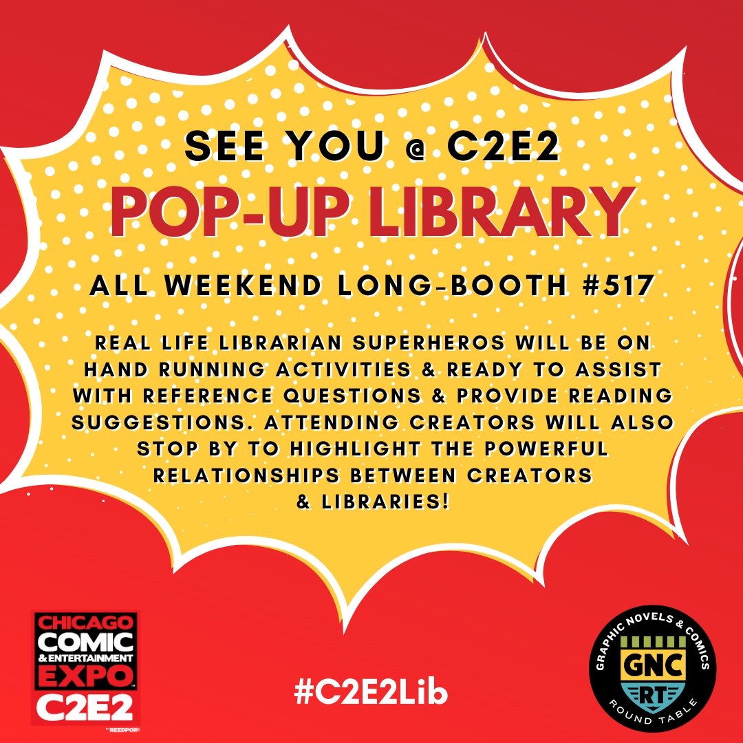 libcomix's tweet photo. GNCRT #C2E2Lib #libcomix schedule:
https://t.co/zozio7C34t
Fri, Sat, Sun: #LibPopUp Booth #517 all #C2E2!
Fri:
- KEYNOTE by @AnUncivilPhD 10:15-11:15am Rm S405b
- SIX amazing panels (schedule ⬇️)
- Networking Session 3:45-4:45pm RmS502A
- Epic Librarian Photo (details ⬇️) https://t.co/uK3eSoq3a3