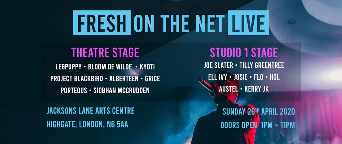 It's FREE ENTRY! 26Apr #FreshOnTheNetLive2020 <a href="/Jacksonslane/">Jackson's Lane</a> ft. <a href="/Legpuppymusic/">Leg Puppy 2.0</a> <a href="/MrJoeSlater/">Joe Slater</a> <a href="/bloomdewilde/">Bloom de Wilde</a> <a href="/TillyGreentreeM/">𝕋𝕚𝕝𝕝𝕪 𝔾𝕣𝕖𝕖𝕟𝕥𝕣𝕖𝕖 𝕄𝕦𝕤𝕚𝕔</a> <a href="/thisiskyoti/">KYOTI</a> <a href="/Ellivymusic/">ELLIVY</a> @ProjBlackMusic <a href="/josieofmusic/">Josie</a> @AlberteenMusic <a href="/GRICEmusic/">GRICE</a> <a href="/HOL_twt/">HOL</a> <a href="/porteousmusic/">PORTEOUS</a> <a href="/McCruddenmusic/">Siobhan McCrudden</a> <a href="/kerryjk/">Kerry JK</a> 
freshonthenet.co.uk/2020/02/fotn-l…