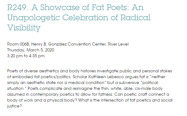 FATandQUEER's tweet photo. @EduardoCCorral @TrustMiguel @bruceowensgrimm Another #AWP20 #FatLit panel we're eager to attend, "A Showcase of Fat Poets: An Unapologetic Celebration of Radical Visibility" feat. @rachielouwho
#FATandQUEER #FATandTRANS https://t.co/ukYGqEsa4K