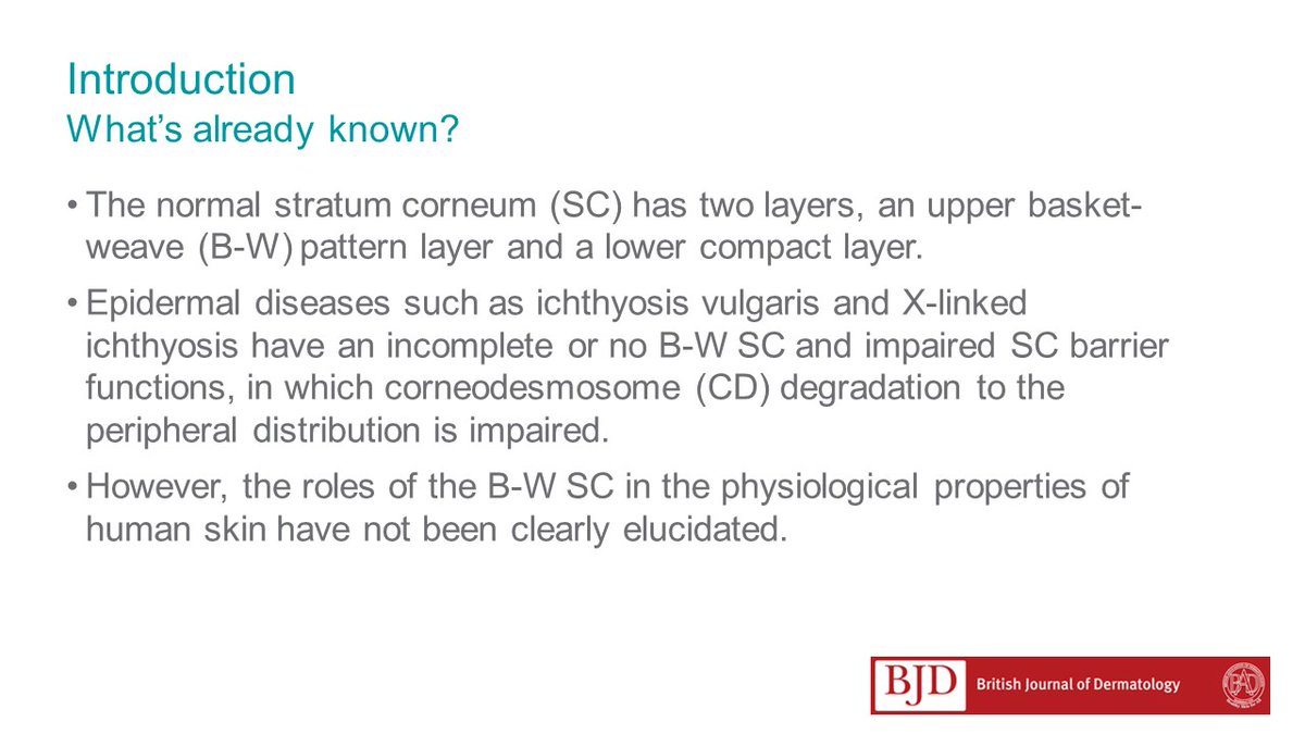BrJDermatol's tweet photo. The normal #StratumCorneum (SC) is made up of an upper #basket-weave (BW) pattern layer and a lower compact layer. Use the free #JournalClubSlides to understand the involvement of the BW SC in maintaining the physiological properties of the skin: https://t.co/iN1zuoIael https://t.co/8fHfeiT9Tt