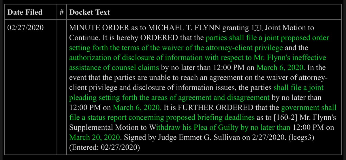 Judge’s minute order establishing a schedule re Flynn’s ineffective counsel as the predicate to withdraw his plea agreement.Nothing of real significance beyond this is part of the process & people need to chill the ___ out. Hysteria isn’t a good thing, pragmatism is