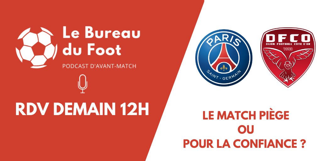 lebureaudufoot's tweet photo. 🕟 PSG-Dijon c’est à 17h30 samedi 

👉🏻 Paris doit s’imposer oui, mais avec la manière. En face, Dijon est invaincu en Ligue 1 face à Monaco, Lyon, Marseille, Rennes et Paris. 

🧐 Un match piège ? RDV demain à 12h pour en savoir plus ! https://t.co/LmcjaWFlXx