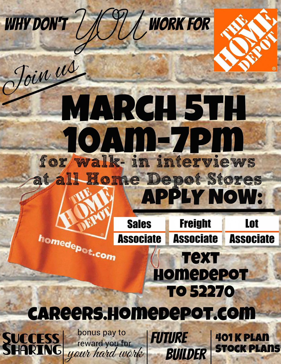 We are looking for YOU! Come join an amazing company! We are having a hiring event on March 5, 2020! Come in between 10-7 to have an on the spot interview! We have full time, part time, and seasonal positions available! Apply online or text HOME DEPOT to 52270!