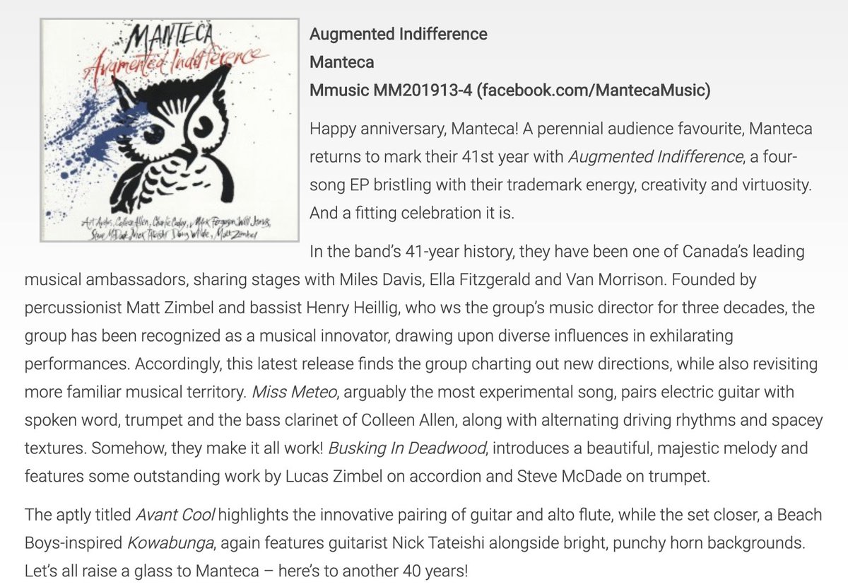 Manteca_Music's tweet photo. WOW! Thank you Barry Livingston for the wonderful review of Augmented Indifference in @TheWholeNote! 

You can catch this review in print or online, here: 
https://t.co/IBPcMaB2vp
          
@OGPublicity #augmentedindifference #BarryLivingston https://t.co/fhJbD1lo7E