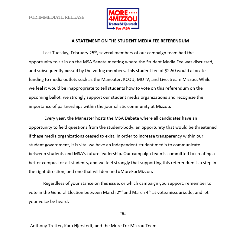 Our official statement regarding the proposed Student Media Fee affecting <a href="/TheManeater/">The Maneater</a>, <a href="/mutv23/">MUTV</a>, <a href="/kcou/">KCOU MUSIC 88.1 FM</a>, and <a href="/MULivestream/">Livestream Mizzou</a>.

Remember to vote on March 2nd through March 4th in the General Election at vote.missouri.edu!