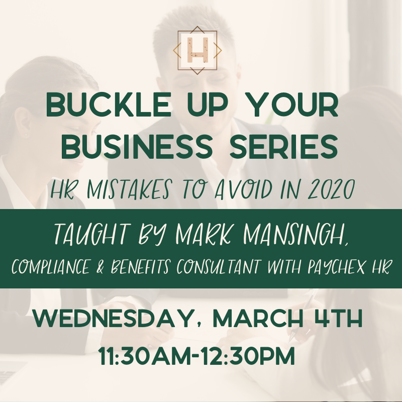 Join us next week when we hear from Mark Mansingh with Paychex HR covering HR mistakes to avoid in 2020! Seats are limited but tickets are still available eventbrite.com/e/buckle-up-yo… #community #coworking #entrepreneur #HR
