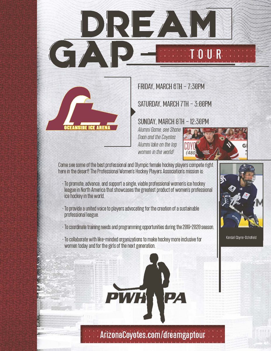 The PWHPA Dream Tour is coming up March 6th-March 8th at @OceansideIce Don’t miss out on the opportunity to watch the best female hockey players from around the world compete against each other.